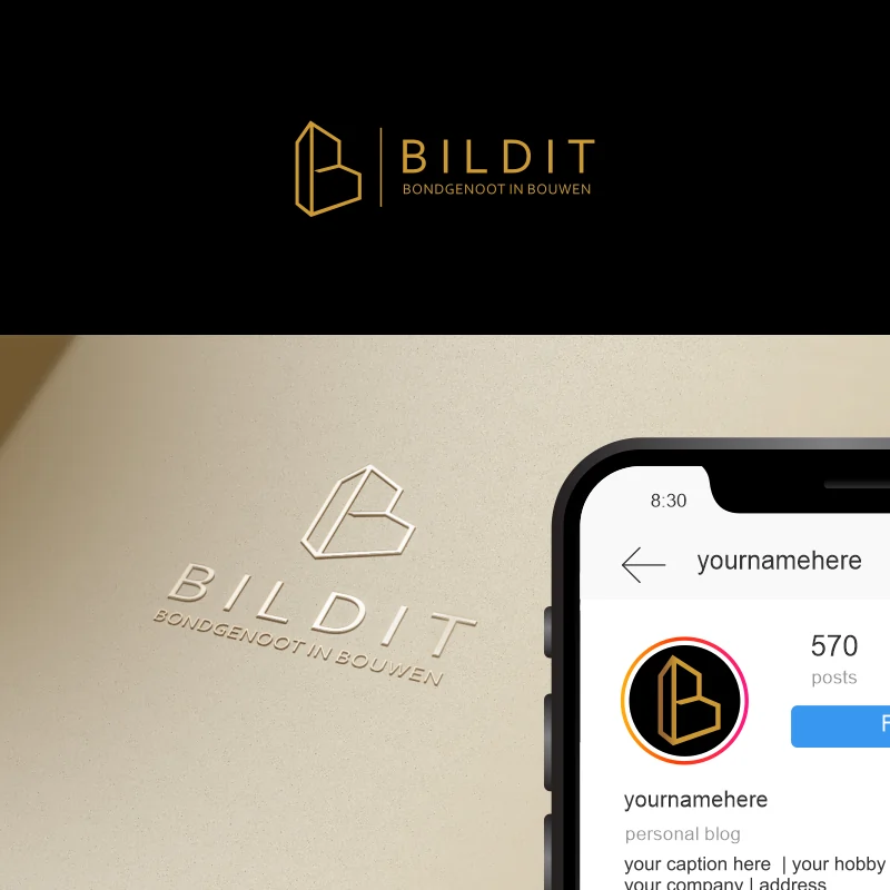 Дизайн на лого BILDIT – геометричен златист монограм за строителен бранд, представен върху фирмени материали
