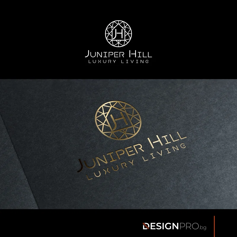 Дизайн на лого за Juniper Hill – луксозни вили в Сърбия, геометричен монограм JH в златно