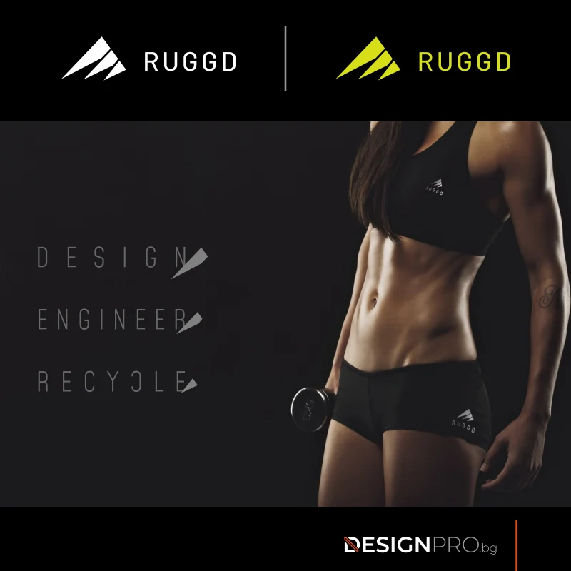 Дизайн на лого RUGGD за спортни облекла – геометричен символ в бяло и жълто-зелено