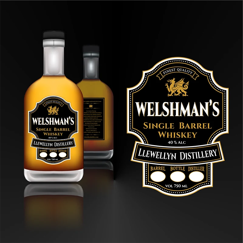 Дизайн на етикет Welshman's Single Barrel Whiskey – черен фон, златни орнаменти и визуализация на бутилка уиски